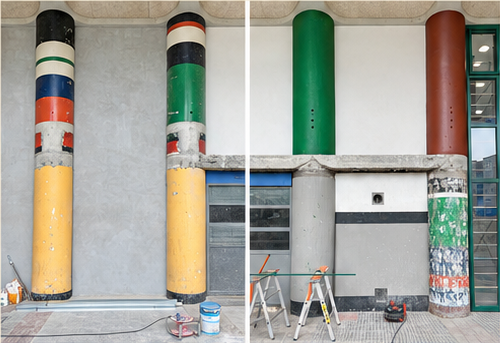 Colonnes peintes de Guy de Rougemont dégagées par le chantier du Patio, galerie de l'Arlequin