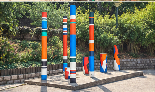 Groupe de colonnes polychromes de hauteurs différentes sur une plateforme
