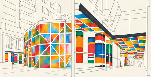 Maquette dessinée de la galerie : volumes colorés en damier et plafond peint