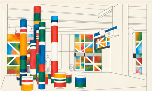 Maquette dessinée montrant des colonnes polychromes dans la galerie