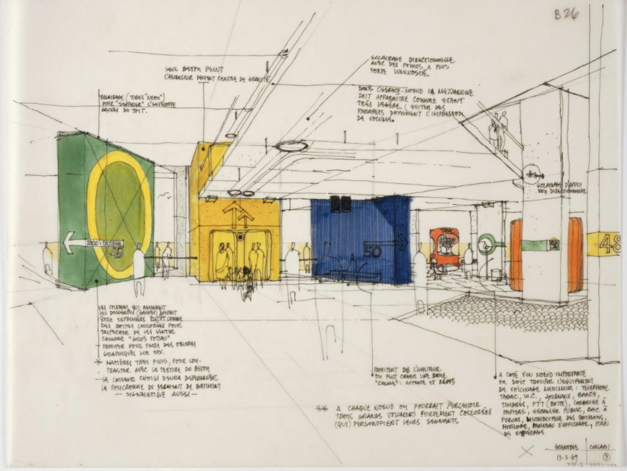 Dessin d'architecture : perspective d'une rue couverte avec équipements colorés